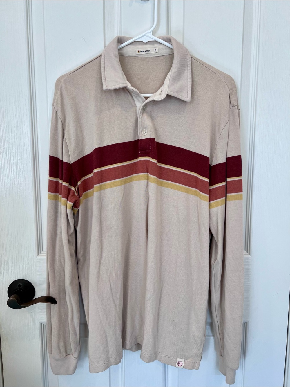 Marine Layer Beige Long-Sleeve Polo with Burgundy, Rust & Mustard Stripes